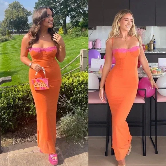 chinese dress ladies Rent or Hire Designer Dresses | House of CB Pixie Flame Orange Ruffle Maxi  Dress